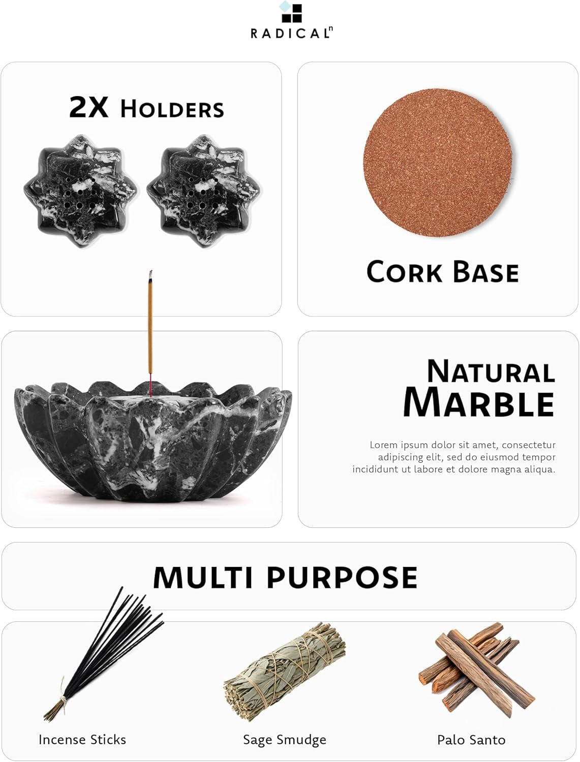 Radicaln Marble Incense Holder 5.5 inches Black Handmade Incense Stick Holder for Living Room Décor, Ideal Incense Holder Marble Ashtray and Palo Santo Holder for Home Décor
