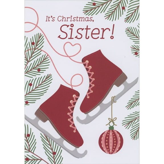 Designer Greetings Red Ornament Tied to Blade of Red Ice Skates Christmas Card for Teenage / Teen Sister