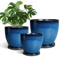 Ceramic Planter Pots -Set of 3 6/8/10 inch with Drainage ,Round Large Pots for Indoor Plants for Herbs & Snake Plants Modern Office Decor Reactive Glaze Blue
