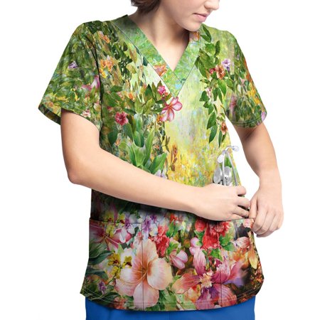 

Huachen Plus Size Printed Scrub Working Uniform Tops For Womens Summer 2023 V-Neck Short Sleeve T-Shirts Workwear Tee With Pockets