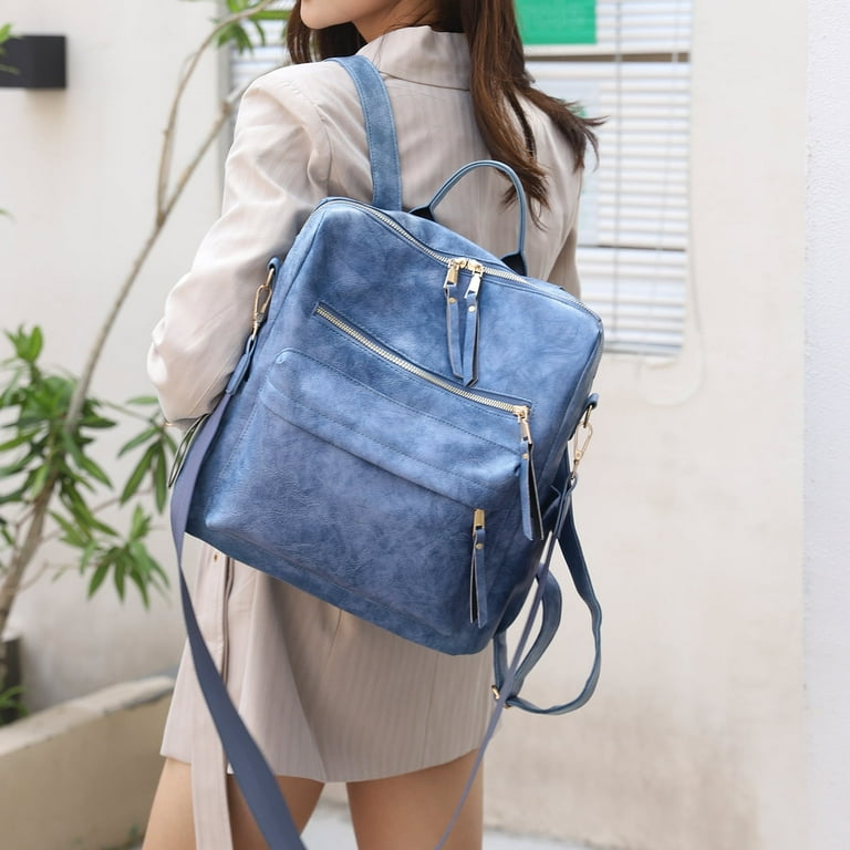 HONGLONG Backpack Purse for Women PU Leather Ladies Large Waterproof Shoulder Bag Travel Backpacks Blue