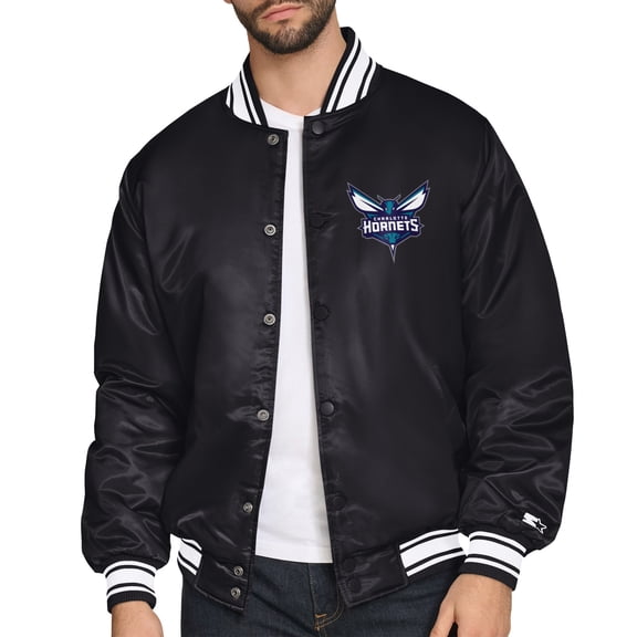 Men's Starter  Black Charlotte Hornets Triangle Full-Snap Varsity Jacket