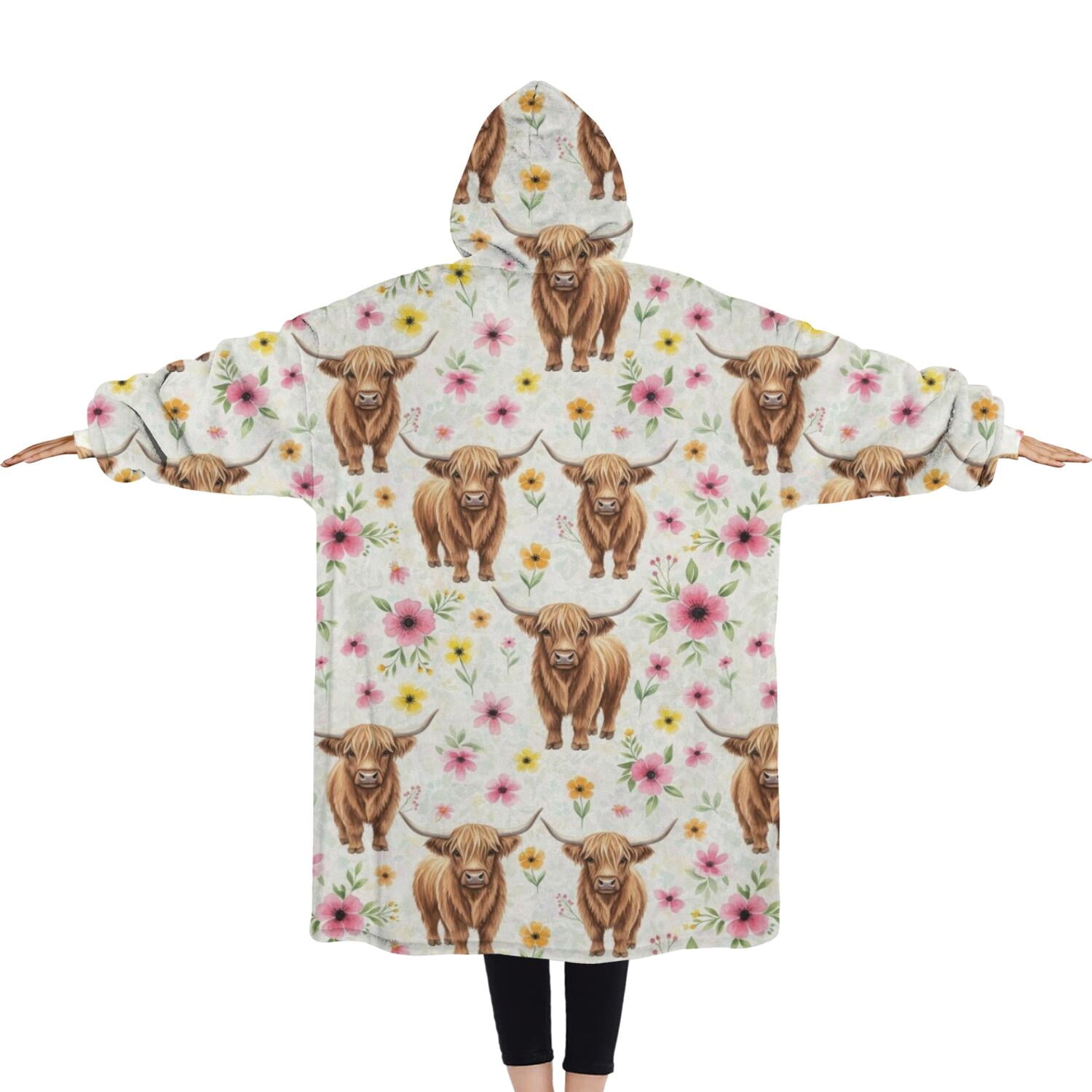 Oversized Wearable Blanket Hoodie,White Highland Cow Flower Pattern Sherpa Blanket Hoodie with Super Pockets,Super Warm Fuzzy Pullover for Women & Men
