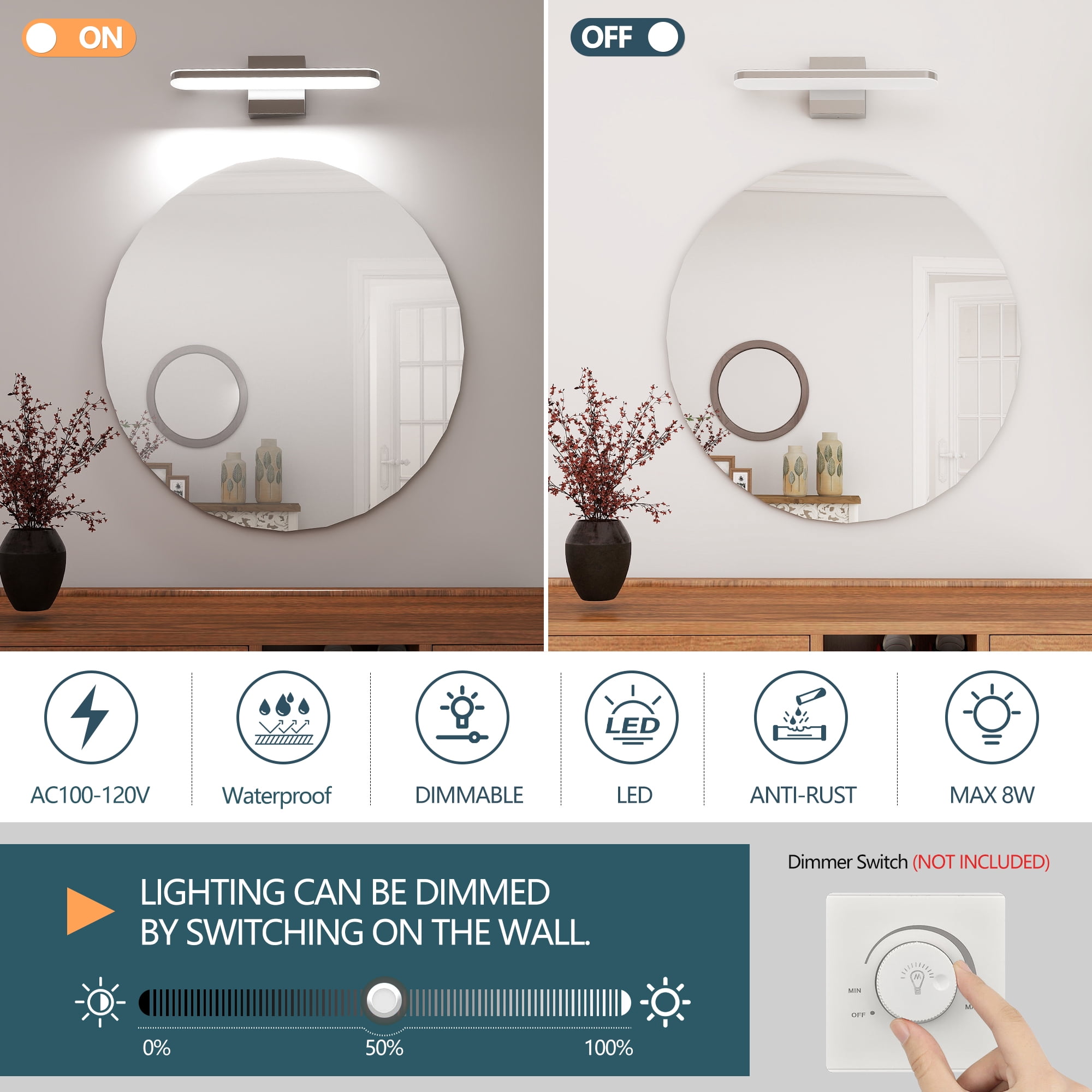 17.7 Inch 8W IP44 Chrome LED Bathroom Vanity Light Lamp Over Mirror Lighting Fixture Indoor Wall Sconce Modern Natural White 6000K