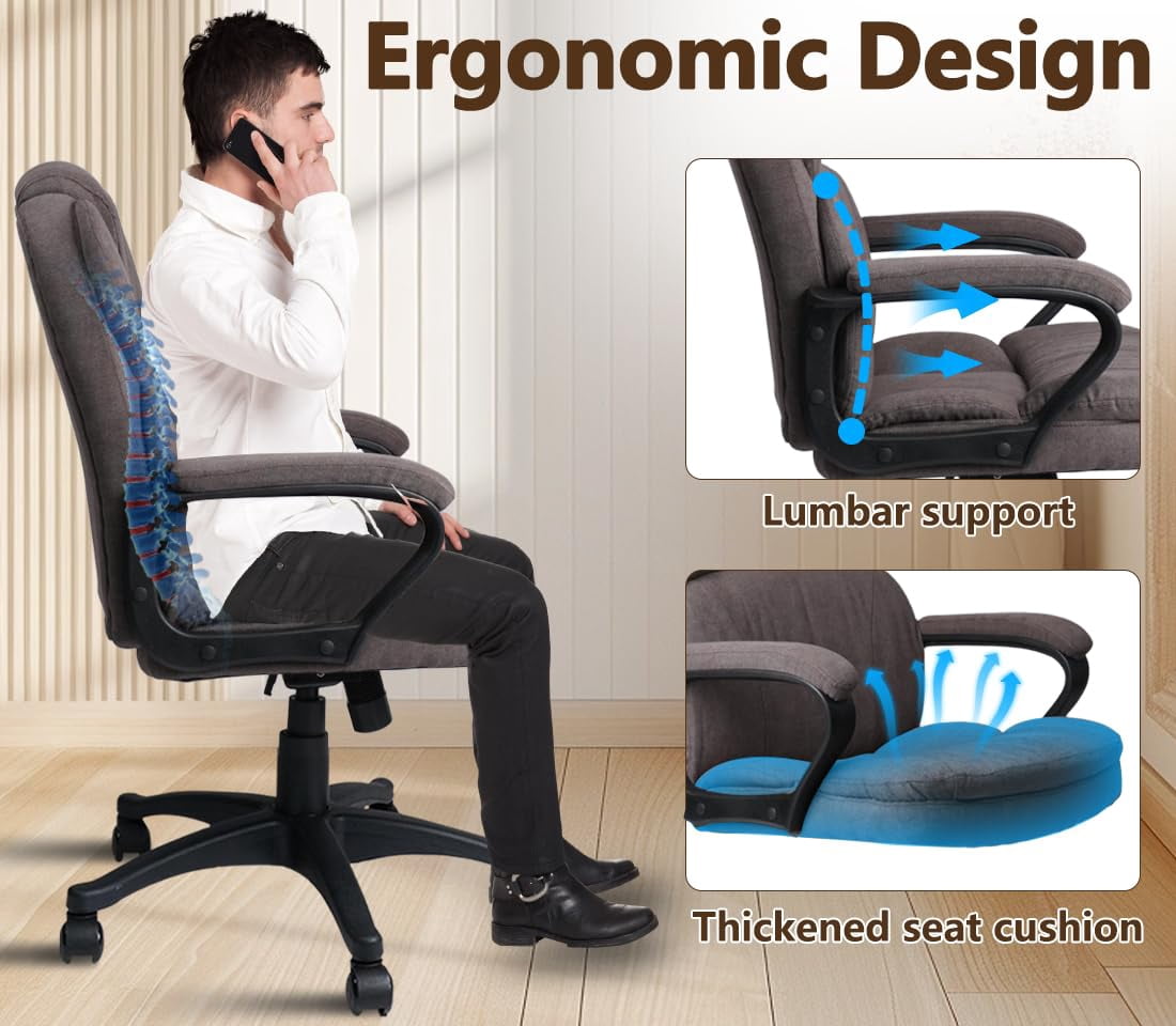 CLATINA Brown Ergonomic Cloth Office Chair Fabric with Arms and Wheels, Upholstered Swivel Rolling Adjustable Height Thicked Padding Home Desk Chairs Mid Back, 350 LBS