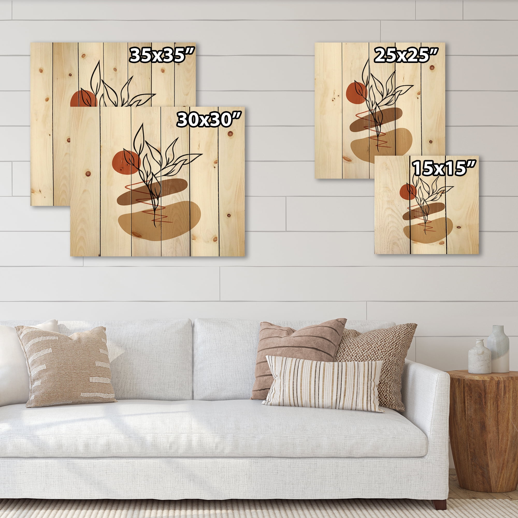 Designart 'Abstract Flowers Plants With Elementary Shapes II' Modern Print on Natural Pine Wood