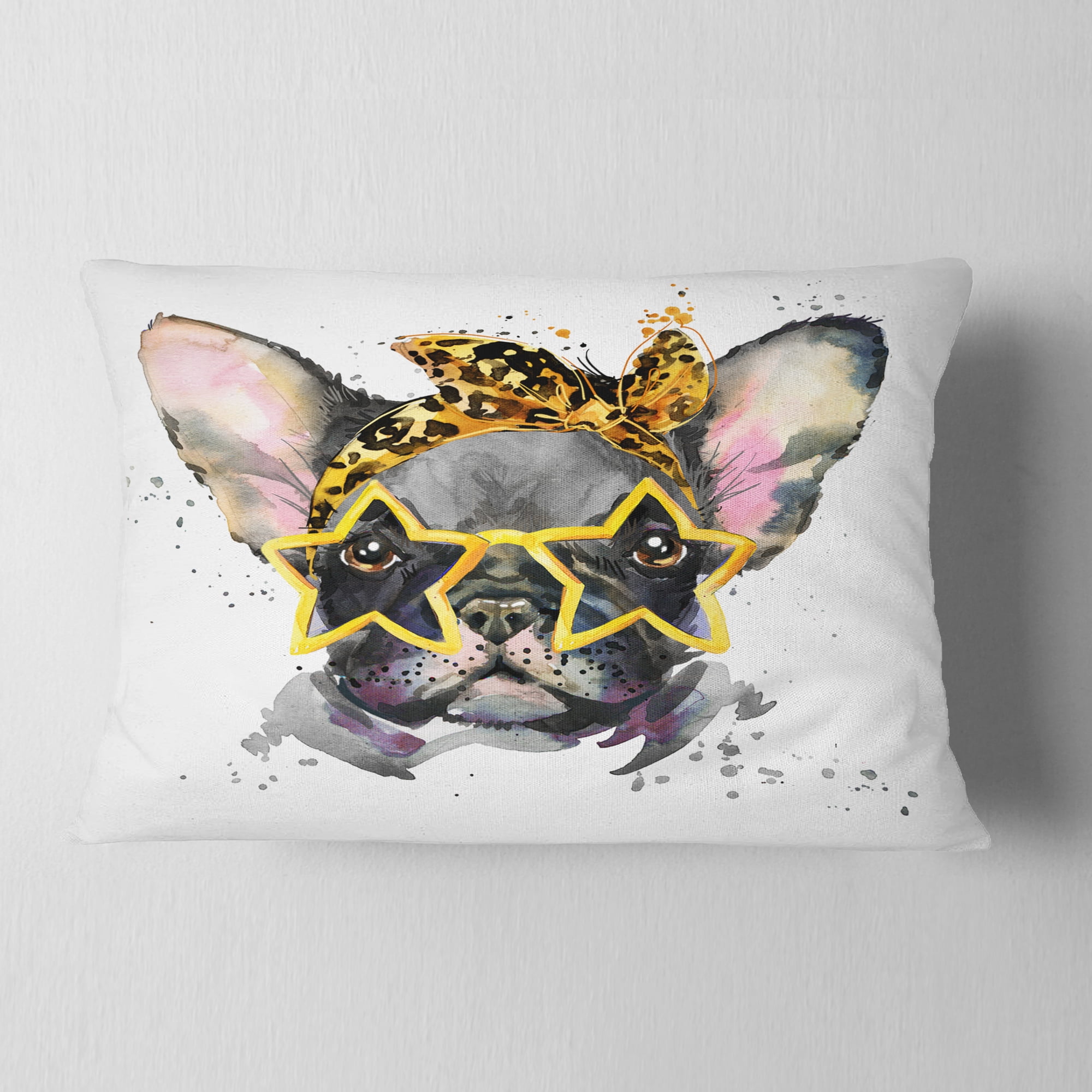 Designart French Bulldog with Star Glasses - Animal Throw Pillow - 12x20
