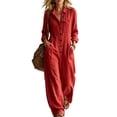 thumbnail image 2 of WULMLEO Wide Leg Rompers Women Cotton Linen Workout V Neck Button Front Long Sleeve One Piece Overall Casual Fashion Lounge Going Out Overalls with Multi Pockets Red S, 2 of 6