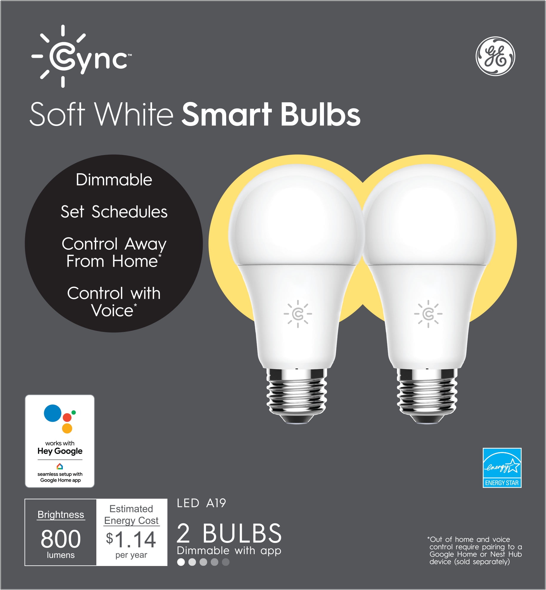 GE Household Lighting GE CYNC Smart LED Light Bulbs, Soft White, Bluetooth and Wi-Fi Enabled, A19 Bulbs, 2pk