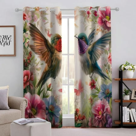 

QCPP Birds Flowers Digital Painting Perforated Blackout Curtains 2-Pack Fashionable Thermal Insulation Curtains 72x84in