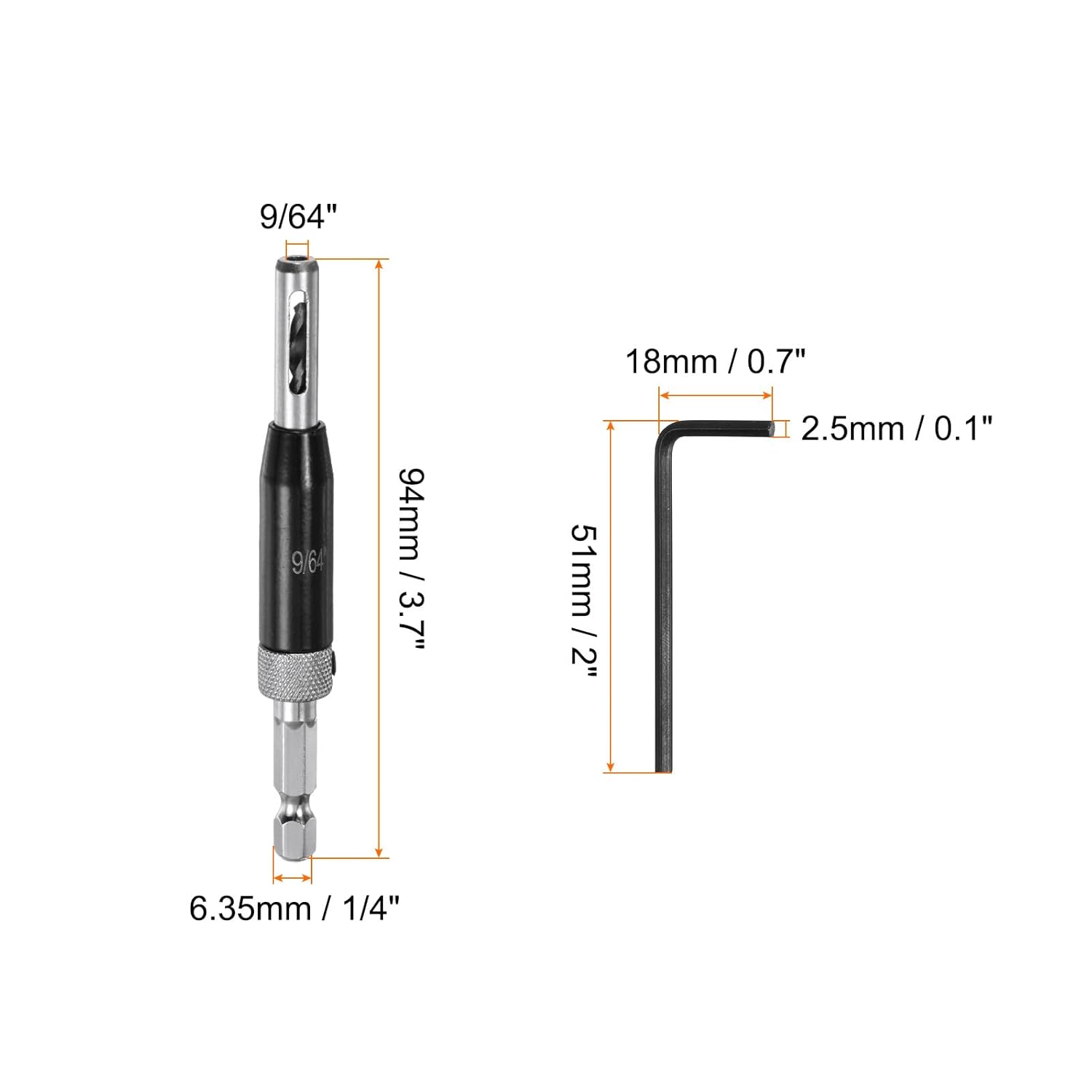 FRKSMD-2pcs Self Centering Drill Bit Set 9/64", 1/4" Hex Shank Drilling Bits for Wood Working, Cabinet Door Hinge Hole Punch Tool Self Center with Hex Keys L-Shaped, Black