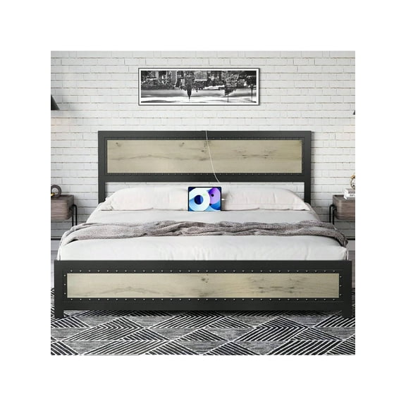 Grey Double Bed Full Size Bed Frame with Headboard, Industrial Platform Design, No Box Spring Needed, Easy to Assemble, Wooden Mattress Foundation