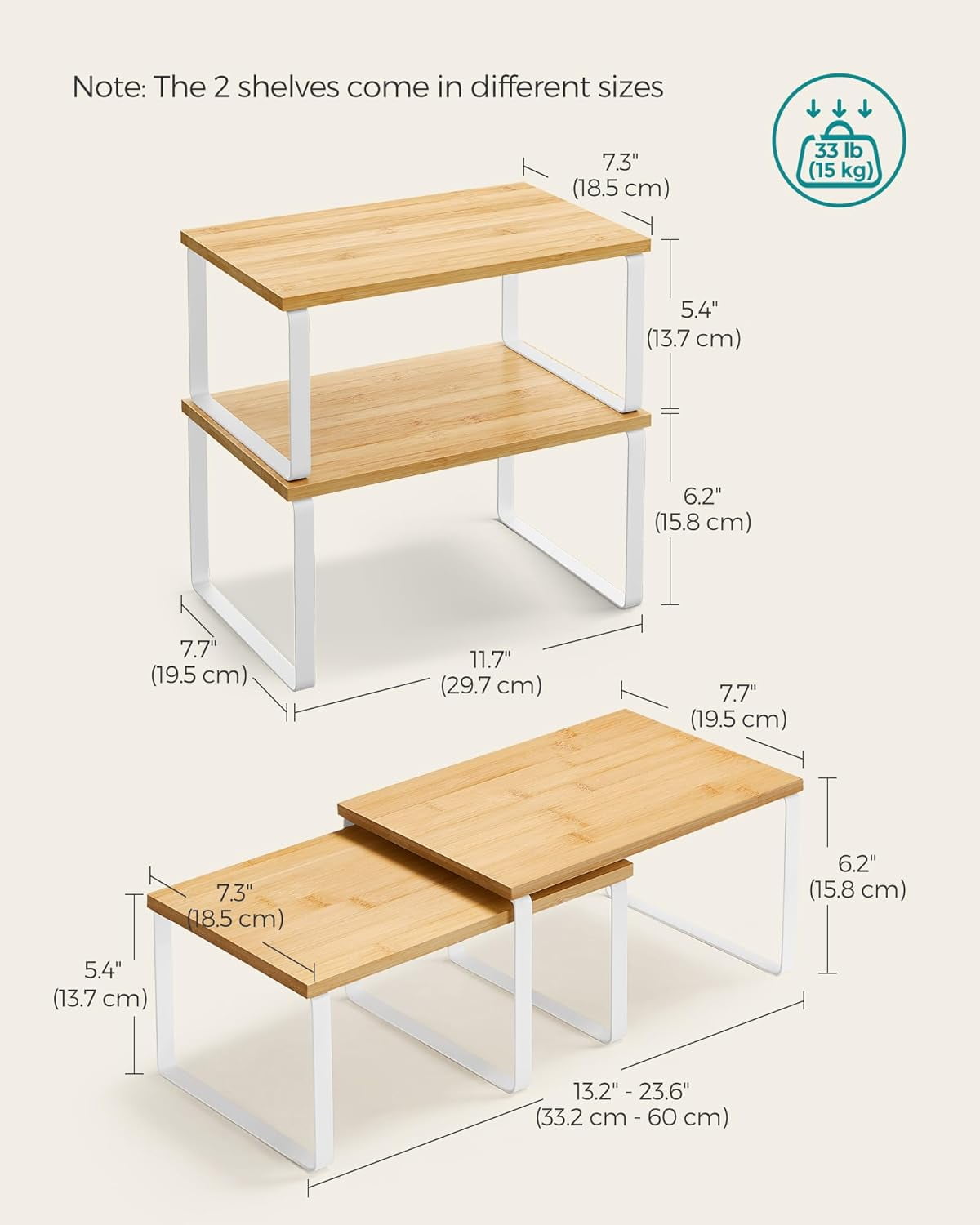 SONGMICS 2 Pack Cabinet Organizer Shelf, Kitchen Counter Shelves, Kitchen Storage, Spice Rack, Stackable, Expandable, Metal and Engineered Wood, Cloud White and Natural Beige