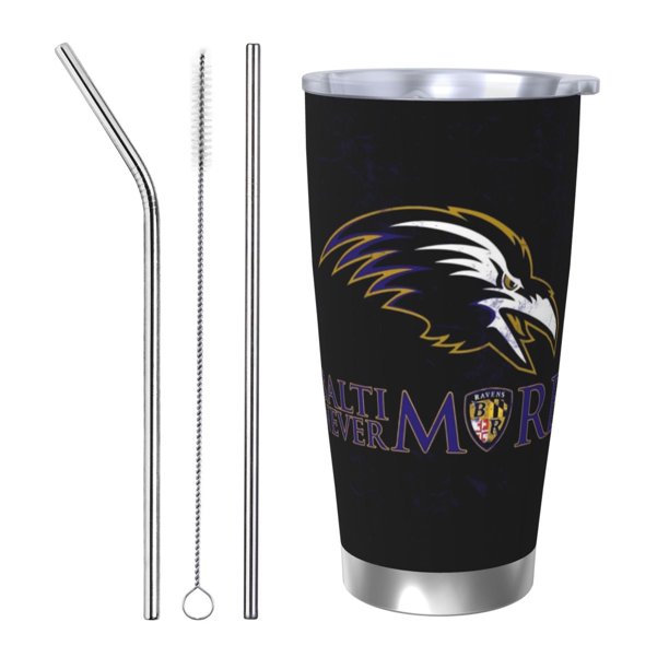 Taza térmica duradera de acero inoxidable 304 con temática del equipo de fútbol de los Ravens con tapa y pajita Taza térmica de acero inoxidable de 20 oz Taza para automóvil Adecuada para bebidas