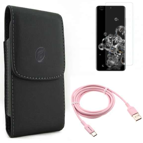 6ft USB-C Cable w Case Belt Clip w Screen Protector for Samsung Galaxy S20 Ultra - Pink Charger Cord Power, Leather Holster Cover, Tempered Glass [Fingerprint Unlock] 3D Curved fits Galaxy S20 Ultra