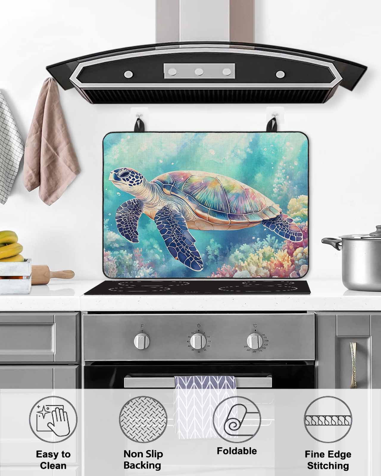 nqOlkjepod Large Induction Cooktop Protector Mat 36"x21", Ocean Turtle Stove Top Covers for Electric Stove, Coastal Coral Colorful Coral Watercoloor Stove Burner Cover Mats, Glass Top Stove Cover