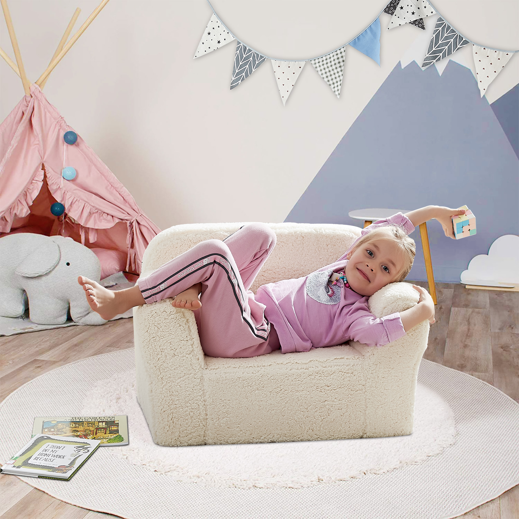 Iwicker Kids Club Chair Toddler Couch Baby Sofa Chair with Sherpa Fabric, Beige