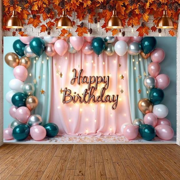 Pink Style Banner Teal Color Scheme Backdrop Gold Star Ornament for Birthday Party Indoor Decoration Birthday Photo Shoot