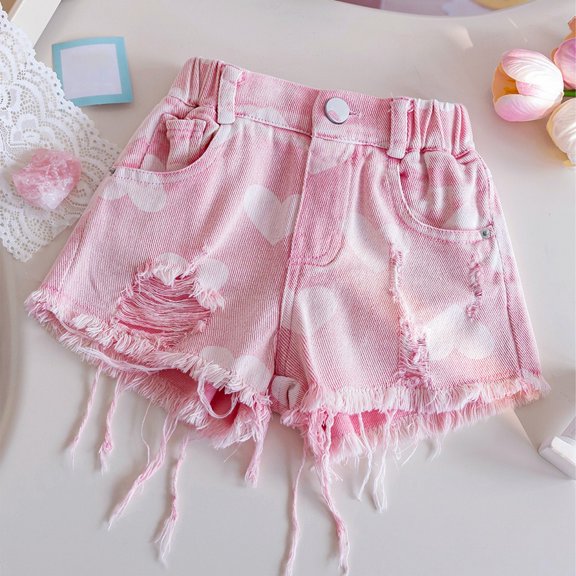 Girls Ripped Frayed Denim Shorts, Elastic Waist Cute Heart Pattern Jean Shorts for Casual Outings and Playdates Pink 100