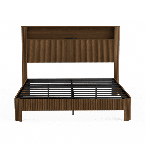 Queen Bed Frame with Storage Headboard & Built-in Charging Station - Modern Wavy Design, Silent Metal Support, Walnut Finish, Farmhouse Bed