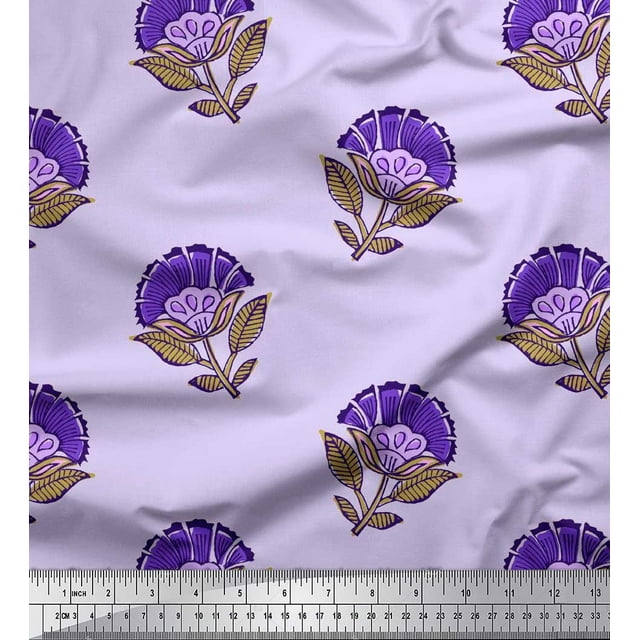 Soimoi Modal Satin Fabric Leaves & Floral Block Fabric Prints by Yard 42 Inch Wide