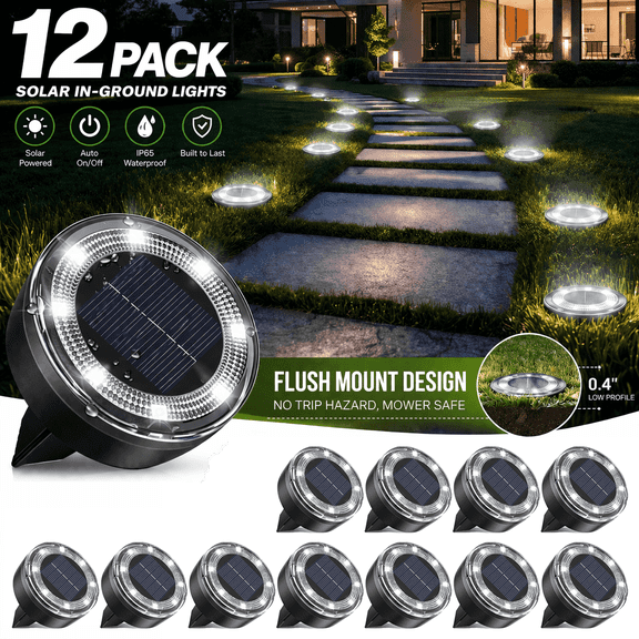 12 Pack Solar Lights Outdoor Waterproof, 8 LED Flat In-Ground Landscape Lights for Pathway, Garden, Yard, Patio, Driveway, Walkway, Lawn & Deck Lighting,Cool White