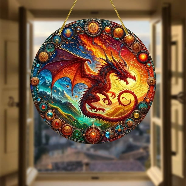 Atrapasol de dragón de vitral para colgar en ventana, Regalos de dragones para hombres, Atrapasoles de dragones de fuego para ventana abatible, Vidrio pintado a mano, Dragones de vitral,