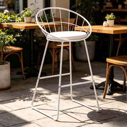 Set of 2 Modern Nordic Industrial Counter Height Bar Stools, 29.5" Seat Height, Curved Hollow Metal Backrest, Padded Faux Leather Seat, Heavy-Duty Sled Base, White