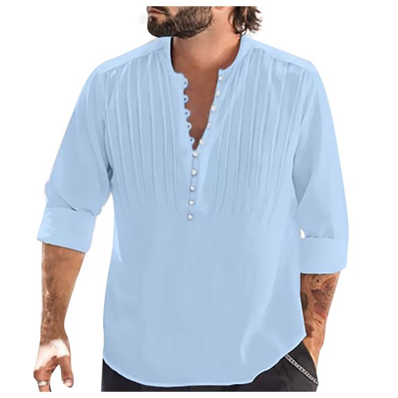 Christmas Deals! Borniu Mens Shirts,Long Sleeve Shirts for Men,Casual Solid Color Button Stand-up Collar Long Sleeve Pullover Blouse Tops Clearance
