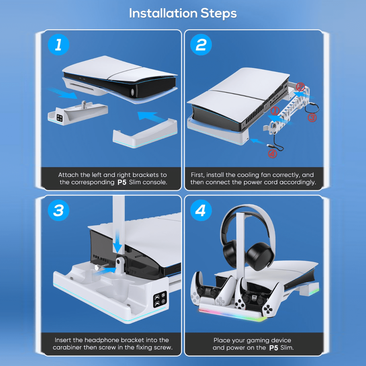 Horizontal Charging Stand & Cooling Fan Station for PS5 Slim Digital & Disc, Dual Charger for DualSense Controllers with 14 RGB Light Modes & Headset Holder Accessories-White