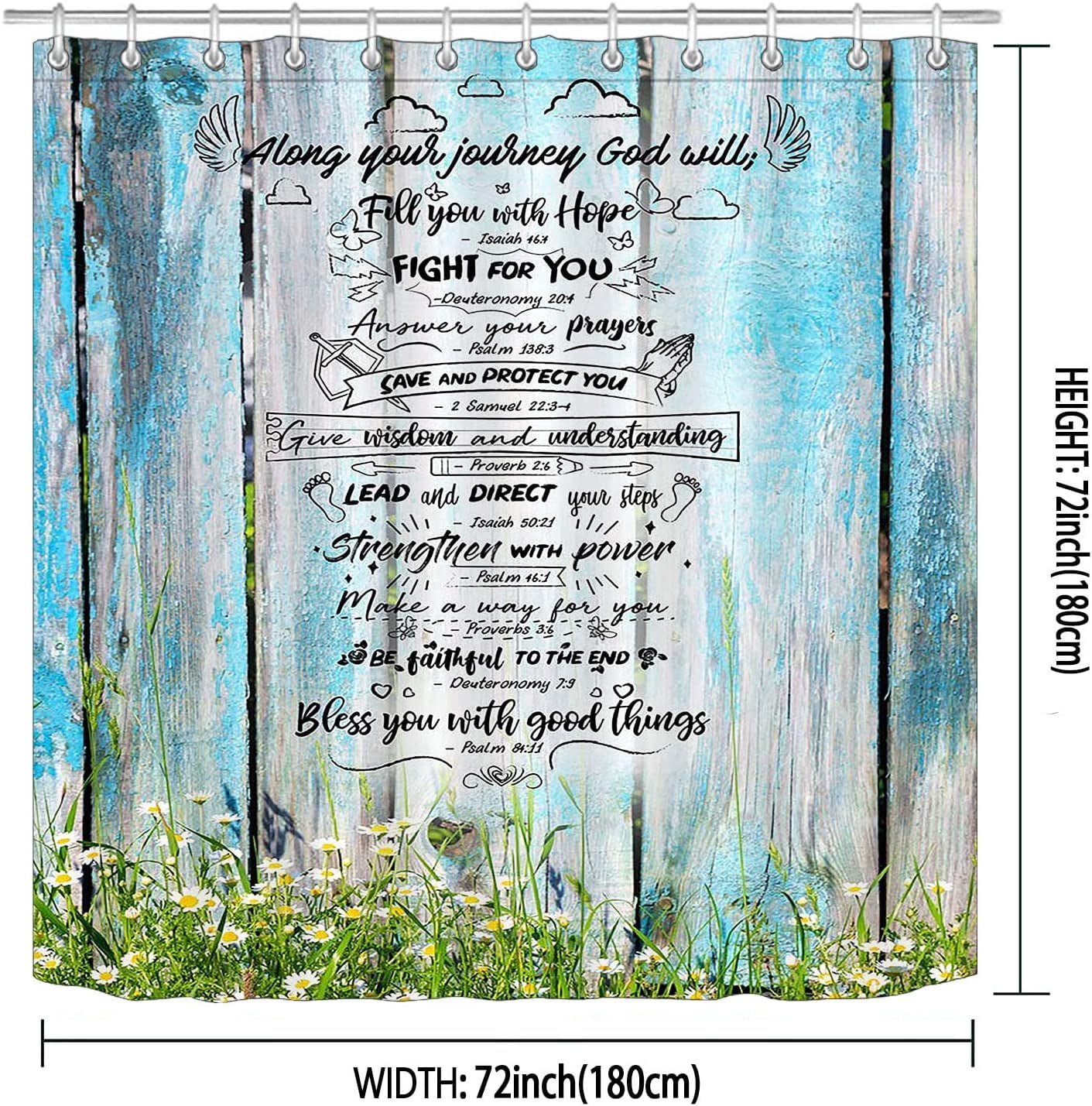 Positive Inspirational Quotes Shower Curtain, Country Floral White Daisy Blue Vintage Wooden Board Rustic Farmhouse Bathroom Decor, Waterproof Fabric Shower Curtain, 72 X 72 Inch, Angel Wings
