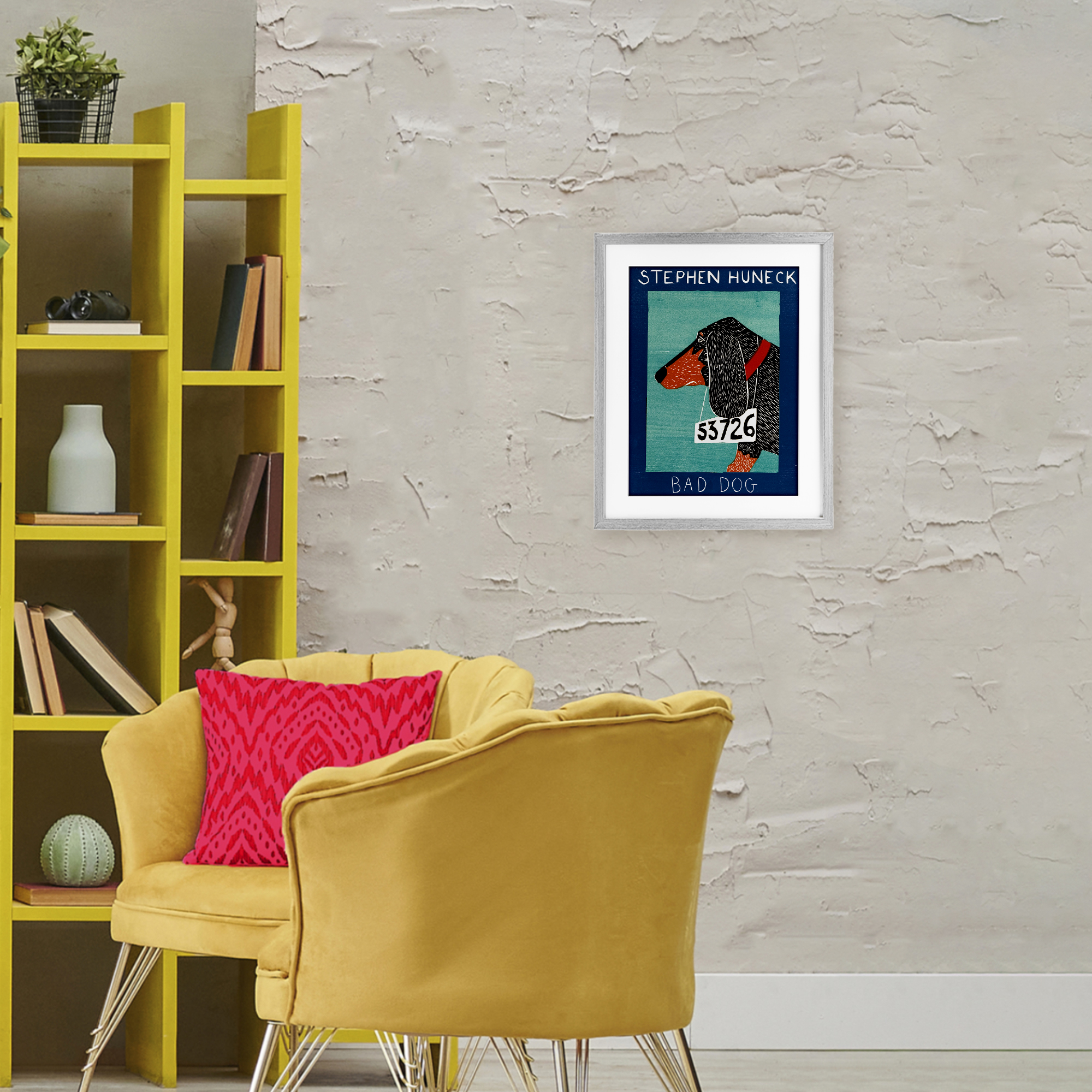 Bad Dog Dachshund Gray Framed Print Under Glass, design by Stephen Huneck