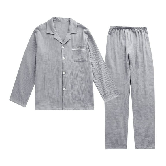 hoksml Men's Lightweight Loungewear Set Solid Color Thin Long Sleeve Button-Down Shirt with Pocket and Comfortable Pants Breathable Home Wear Pajamas