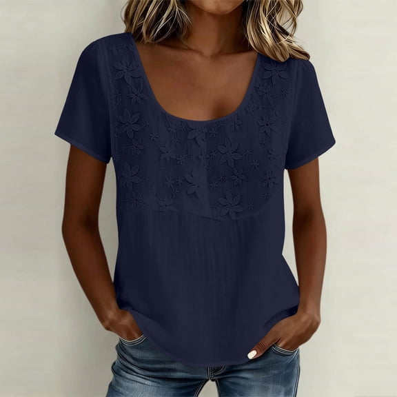 Yrmaups Loose Fit Short Sleeve T Shirt for Women, Casual Round Neck Blouse, Embroidered Floral Top, Soft Breathable Tee for Party Daily Wear, Navy XL