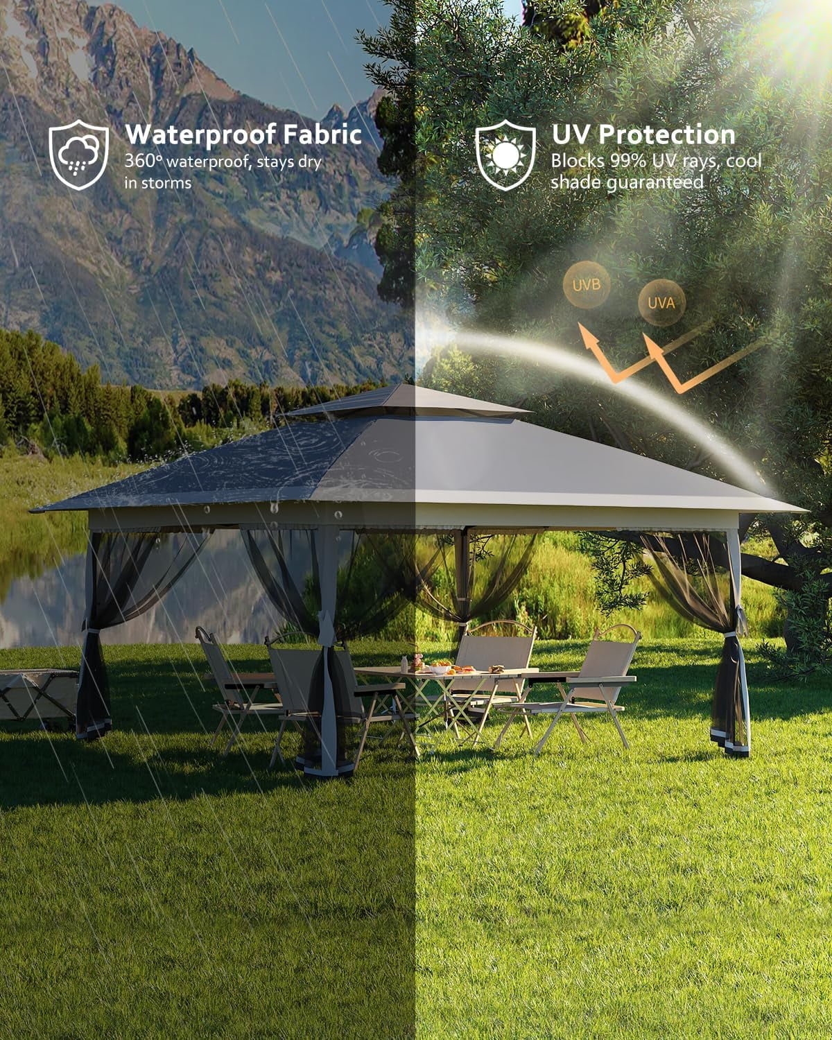 Roromall 12x12 Canopy Tent, Pop Up Canopy Gazebo with Mosquito Netting, Outdoor Gazebo with 4 Sandbags & Wheeled Bag, for Backyard & Patio Furniture, Patio, Deck