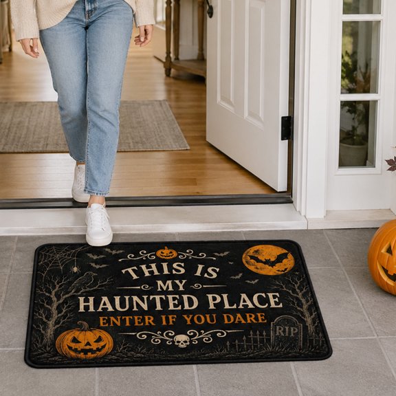 Halloween Doormat, Spooky Haunted House Entryway Rug with Decorative Text Design, Low Profile Floor Mat for Front Door, Bathroom, Porch and Seasonal Home Decor,A