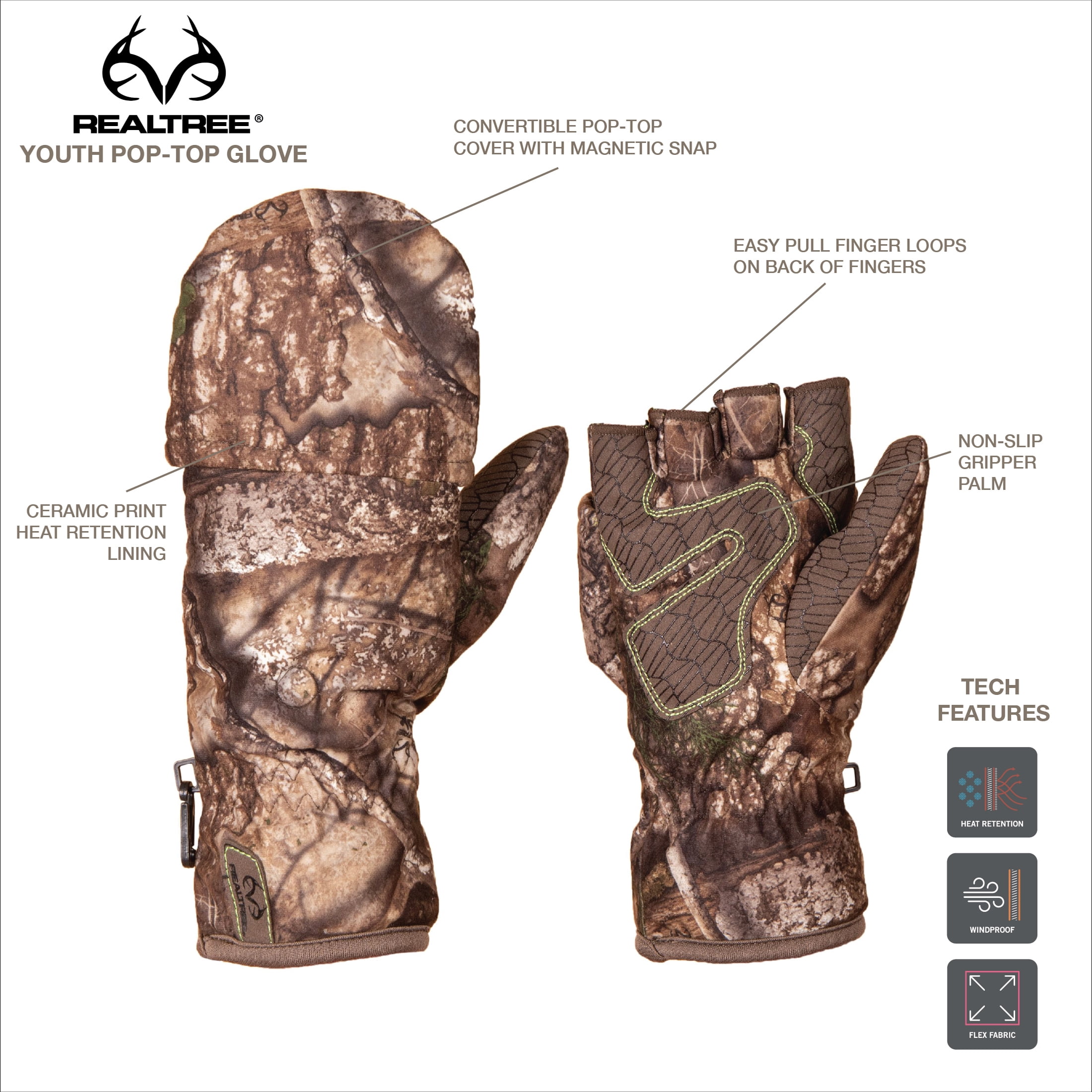 (2 pack) Realtree APX Youth Pop-Top Hunting Gloves, Unisex