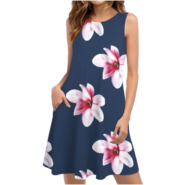 Fankiway Robes d'Été Femmes Plage Floral Sans Manches Robe d'Été Décontractée Poches Robe Bohème Robes d'Été pour Femmes Robes Sans Manches pour Femmes Grande Taille