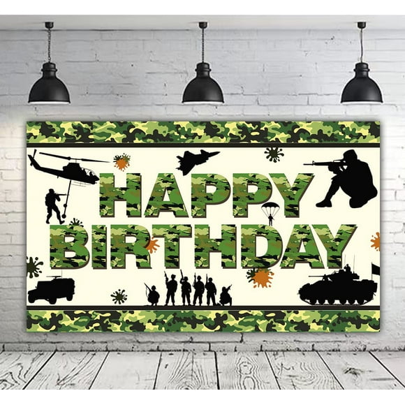 Bannière Camouflage Joyeux Anniversaire 6 X 3.6 Pieds Toile de Fond de Fête d'Anniversaire Camouflage Armée Soldat Militaire Décoration de Fête d'Anniversaire Enfants Adultes Thème Militaire Décoration d'Anniversaire