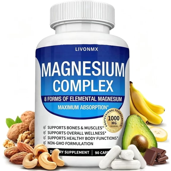 Magnesium Complex 1000 mg Capsules, 8 Forms High Absorption Elemental Magnesium for Bone, Muscle & Sleep Support, Non-GMO Wellness Supplement for Men & Women, 90-Count