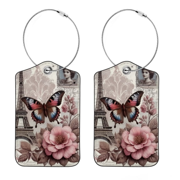 RATGON 2 Pack Luggage tag PU Leather with Stainless Steel Loop Stamp Butterfly Travel Trip