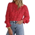 thumbnail image 1 of Blusa de Encaje para Mujer PRETTYGARDEN, Manga Larga con Botones, Color Rojo, Talla L, 1 of 9