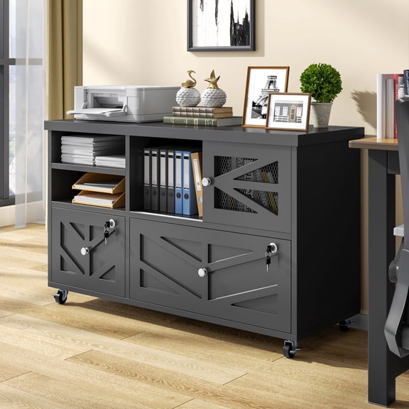 File Cabinet with 2 Lockable Drawers, ETASE Farmhouse Filing Cabinet with Sliding Door and Storage Shelf, Print Stand for A4/Letter, Storage Cabinet for Home Office, Black