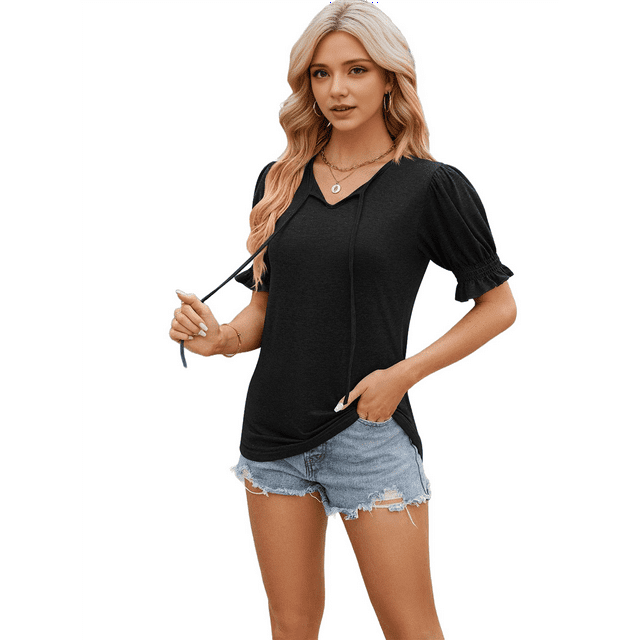 Blusas Lindas con Mangas Abullonadas para Mujer, Camisetas de Verano Ajustadas con Cuello en V, Blusas de Moda Y2k para Salir, Blusas Casuales, Camisetas Tipo Túnica Negro XXL