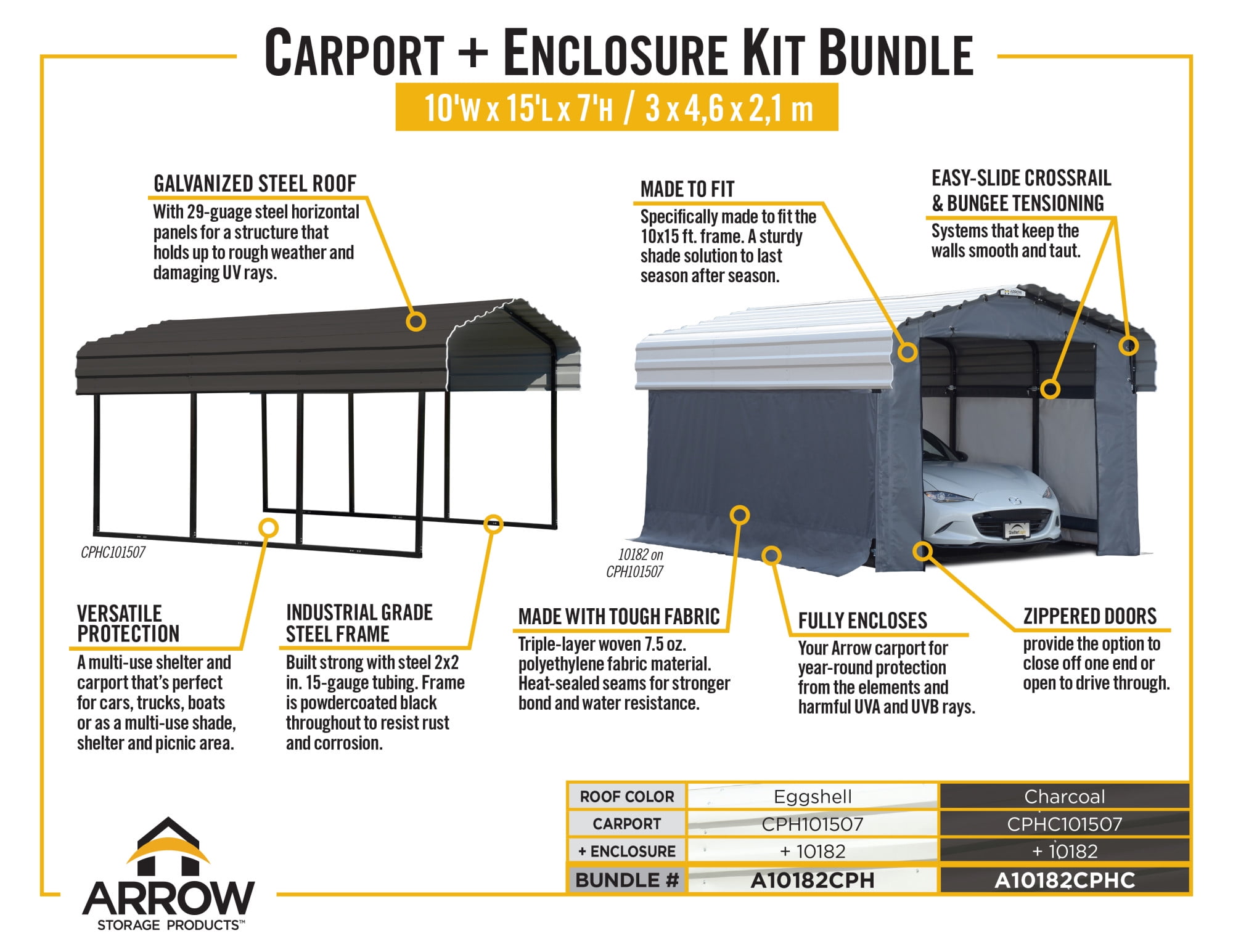 Arrow 10' x 15' x 7' 29-Gauge Carport with Galvanized Steel Roof Panels and Enclosure Kit, Charcoal