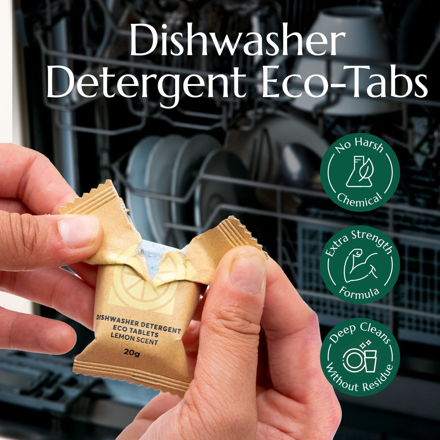 Dishwasher Pods (32 Eco Tabs) Soap Detergent, No Harsh Ingredients, Individually Wrapped - Lemon Fresh