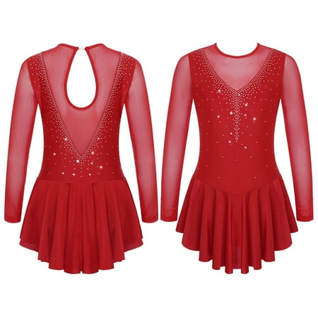 

TiaoBug Kids Girls Figure Ice Skating Dress Mesh Splice Long Sleeve Dancewear