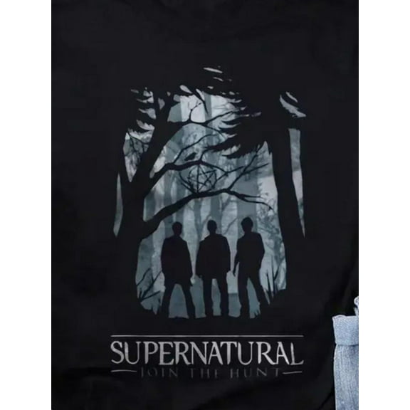 Supernatural TV Show Sam & Dean Winchester Hunting Graphic T-Shirt - Black Crew Neck Short Sleeve Cotton Tee for Men, Non-Stretch Knit Casualh Pentagram & Forest Design, All-Season Fan Apparel