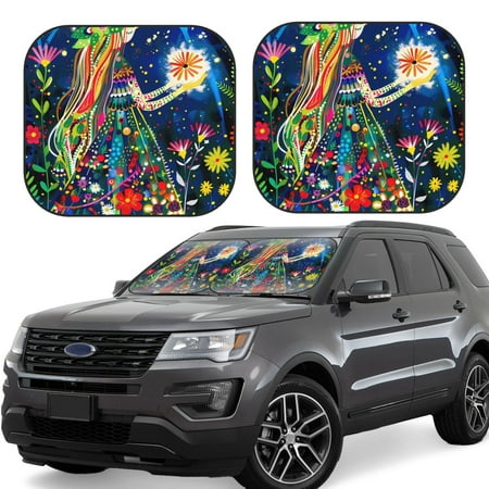 Hirioo Colorful Floral Forest Fairy for 2PCS Windshield Sun Shade Foldable | Front Windshield Shade for Sun Heat and UV Rays-Medium