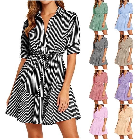 VBVC Women's Striped Button Down Shirt Dress , Ladies' Collared Drawstring Waist Short Sleeve Dress , Summer Casual Ruffle Hem Mini Dress For Women,Black,S-2XL